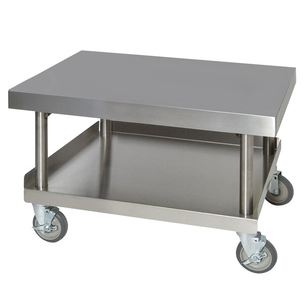 An Anets stainless steel griddle stand with wheels.