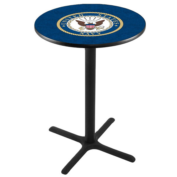 A round blue United States Navy pub table with a logo on a black base.