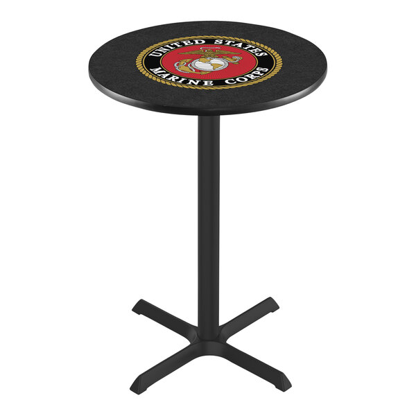 A black round bar height pub table with a United States Marine Corps logo on it.