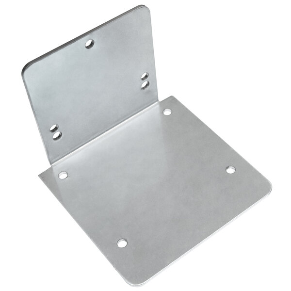 A metal bracket with two holes on a metal corner.