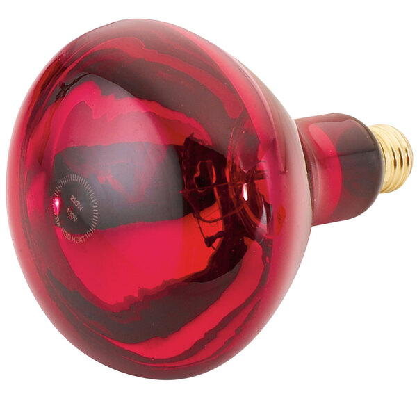 A close-up of a Cres Cor red infrared light bulb with a gold base.