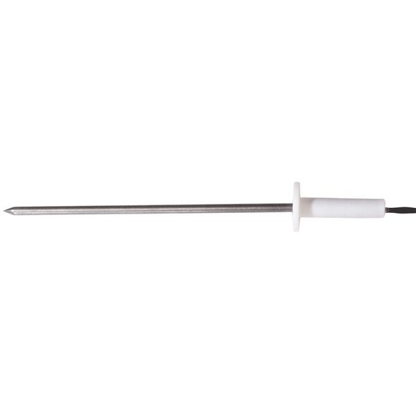 A white and silver needle with a black handle attached to a metal bar.