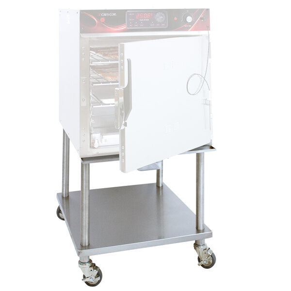 A stainless steel Cres Cor mobile equipment stand with a white oven on it.