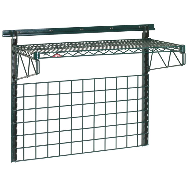 A Metro SmartWall G3 task station with green wire shelves and metal accessories.