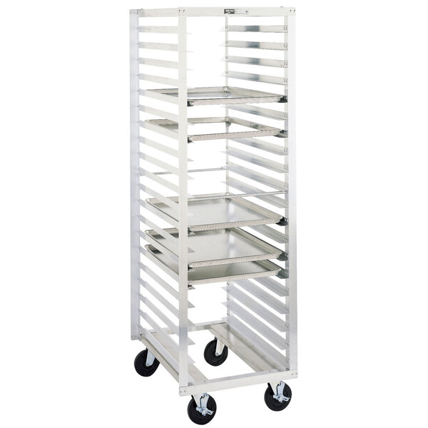 A Metro sheet pan rack with shelves on wheels.