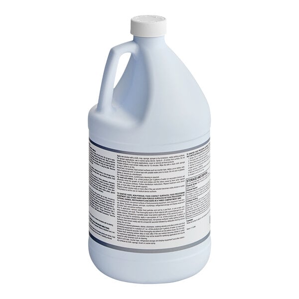 A white jug of Noble Chemical Bacti-Free Third Sink Sanitizer.