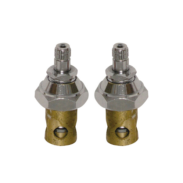 A pair of silver metal Advance Tabco faucet valves.
