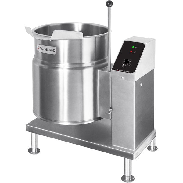 A Cleveland 20 gallon metal steam kettle on a stand.