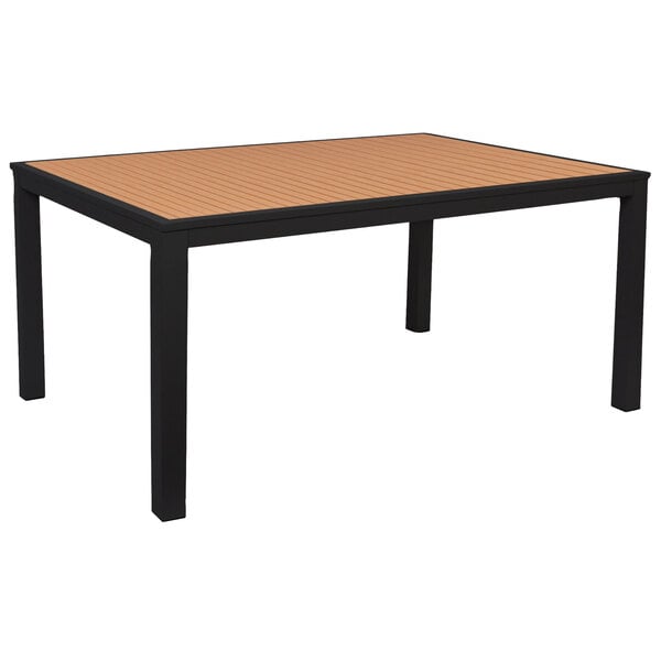 BFM Seating Longport 35" x 71" Black Aluminum Bolt-Down Standard Height Table with Synthetic Teak Top