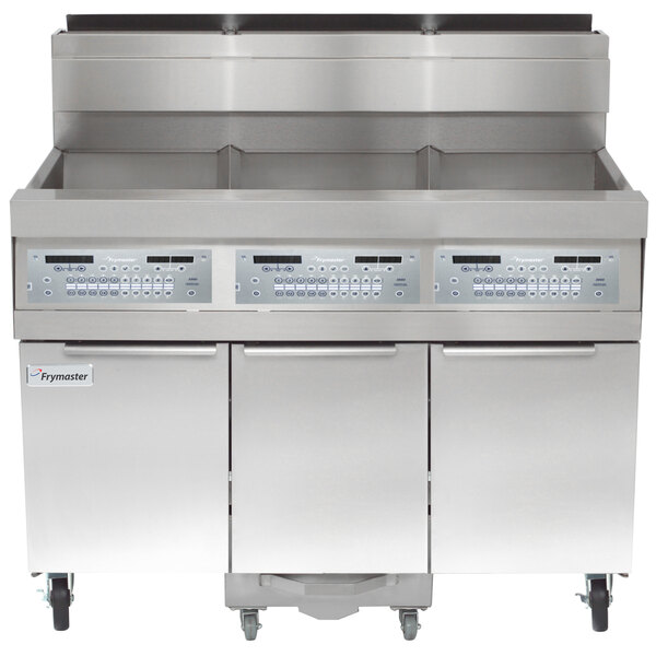 A large stainless steel Frymaster gas fryer with three drawers.