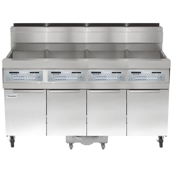 A large stainless steel Frymaster gas floor fryer system with three doors and two drawers.