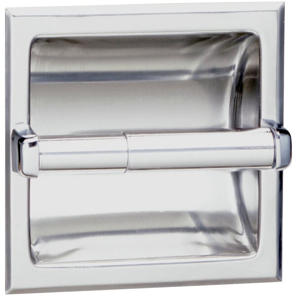 A silver Bobrick recessed toilet paper holder.