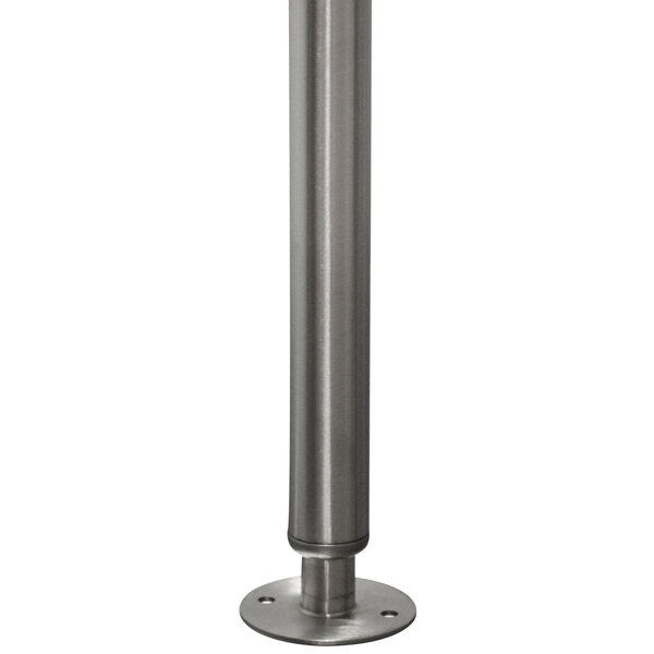 A stainless steel pole with a round metal base.