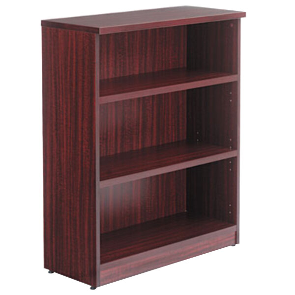 A mahogany Alera bookcase with three shelves.