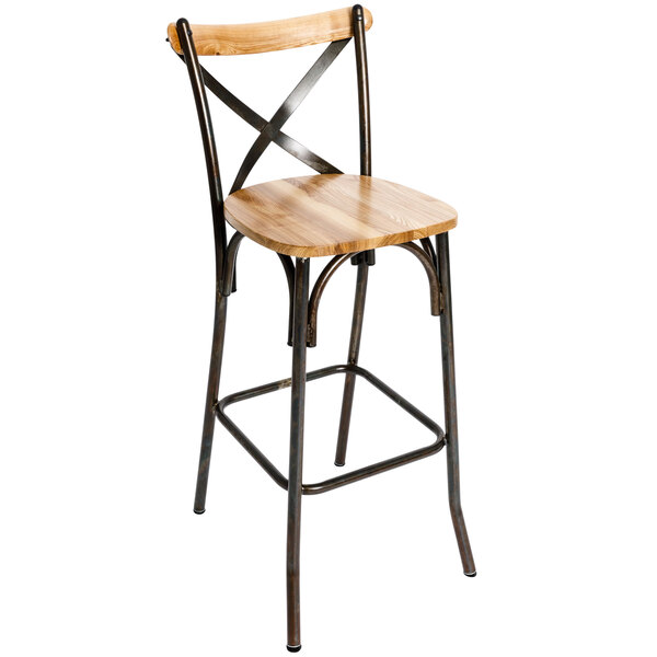 BFM Seating Henry Distressed Rustic Clear Coated Steel Bar Height Chair with Natural Ash Wooden Back and Seat