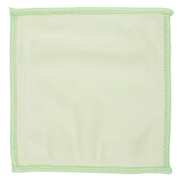 A white microfiber cloth with green stitching.