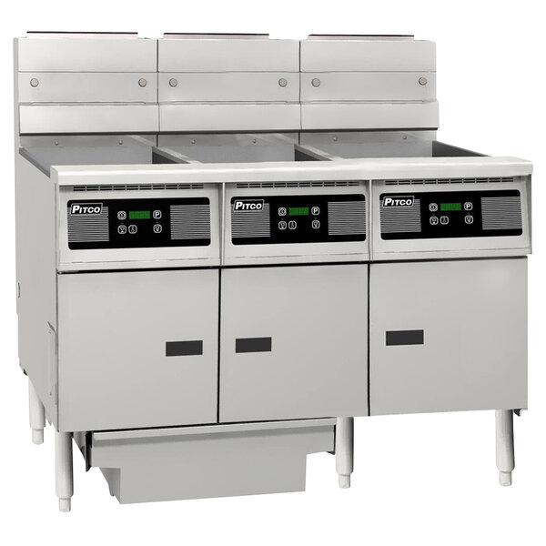 A Pitco floor gas fryer system with three fryer units and a filter drawer.