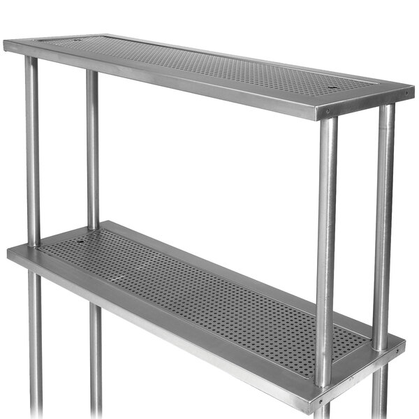 A stainless steel double overshelf with metal mesh shelves.
