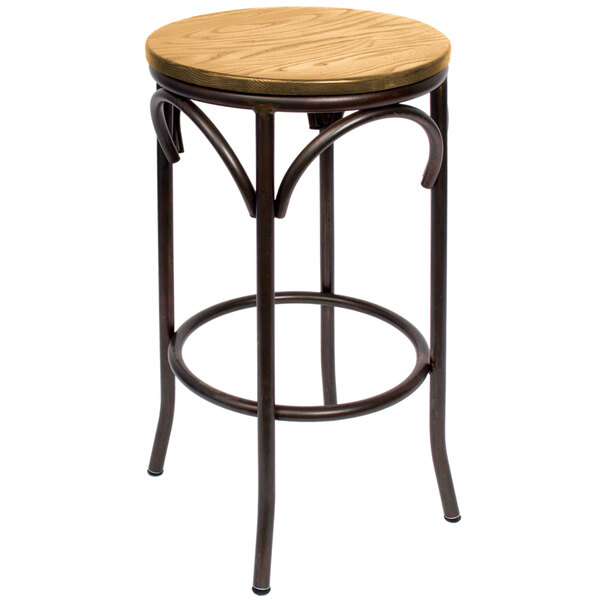 BFM Seating Henry Distressed Rustic Clear Coated Steel Bar Stool with Natural Ash Wooden Seat