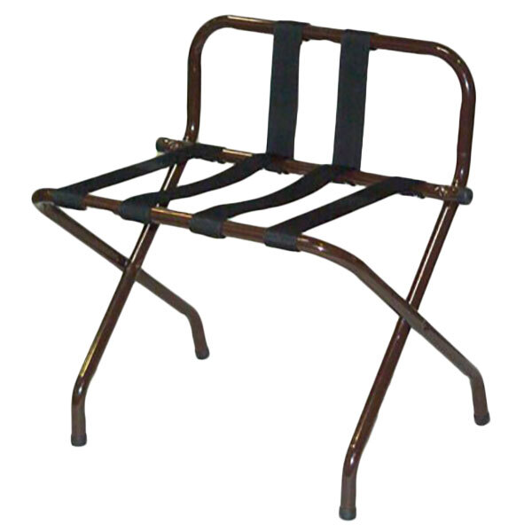 A walnut and metal CSL high back luggage rack with back webbing straps.