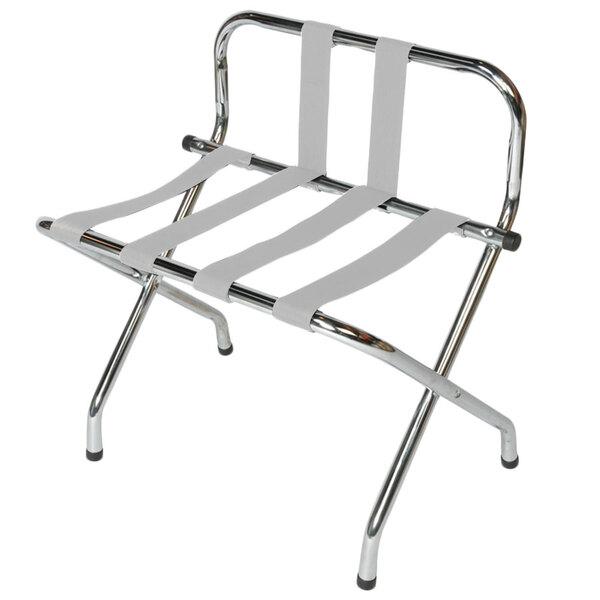 A chrome metal high back luggage rack with straps.