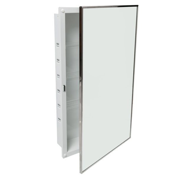 A white metal cabinet with a mirror on the side.
