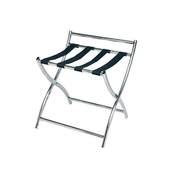 A stainless steel luggage rack with black straps and a handle.