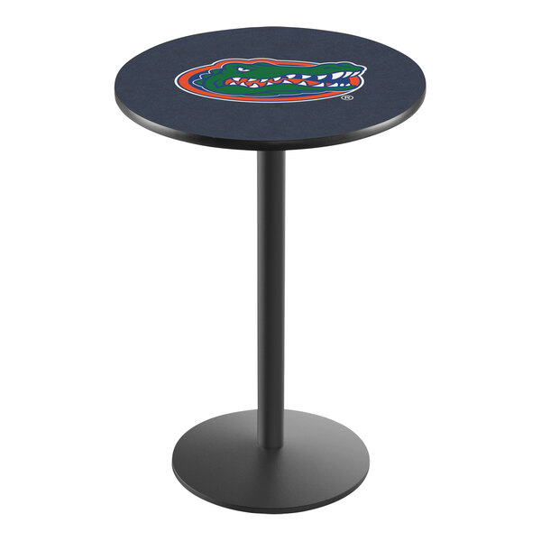 A round blue University of Florida pub table with a logo on the surface.