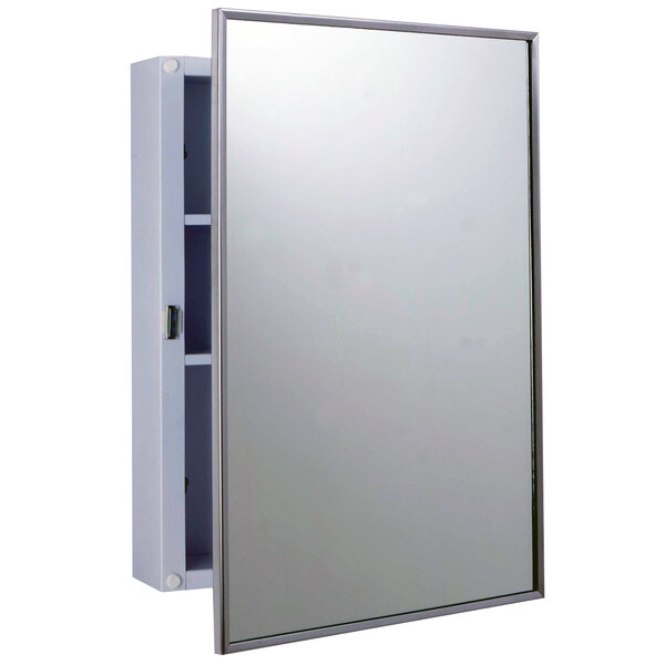 A white Bobrick surface-mounted medicine cabinet with a mirror.