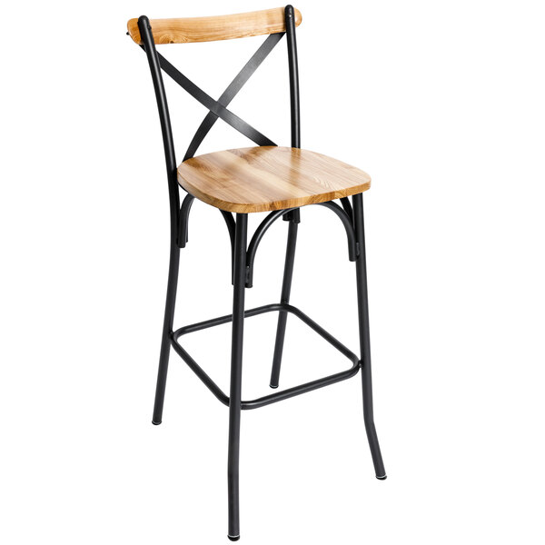 BFM Seating Henry Sand Black Steel Bar Height Chair with Natural Ash Wooden Back and Seat
