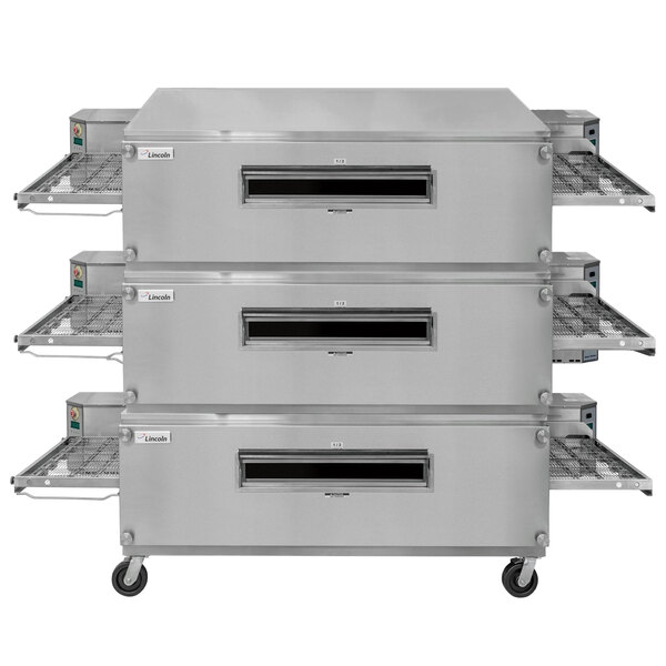 A Lincoln Liquid Propane Impinger Triple Conveyor Oven with three tiers of racks.