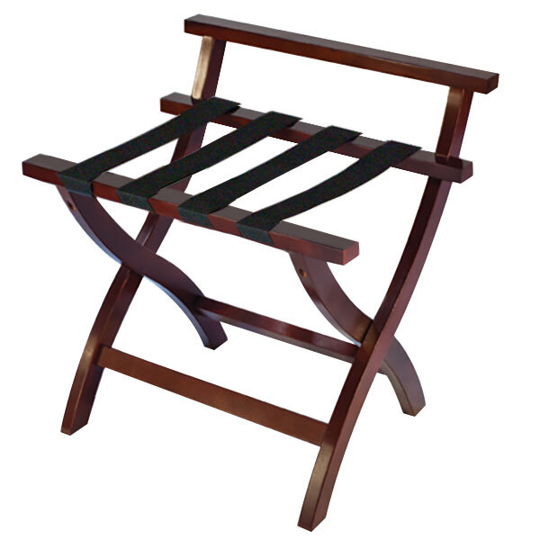 A CSL Premier Series mahogany wood folding luggage rack with black straps.