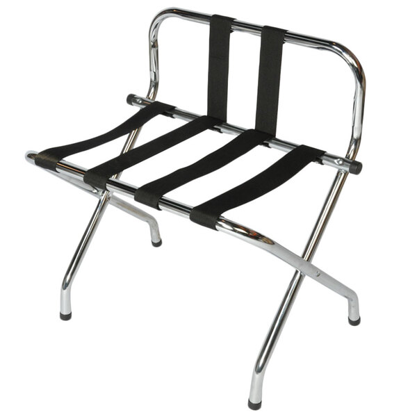 A chrome metal high back luggage rack with black straps.