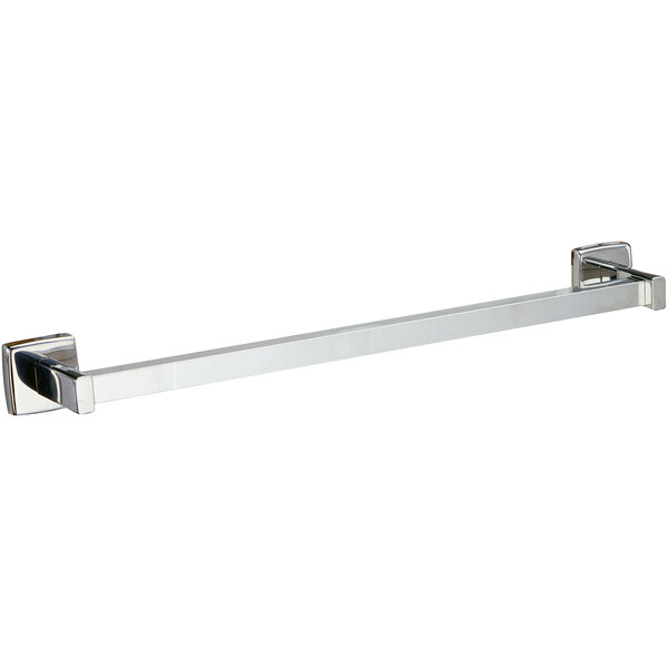 A Bobrick bright polished square towel bar on a white background.