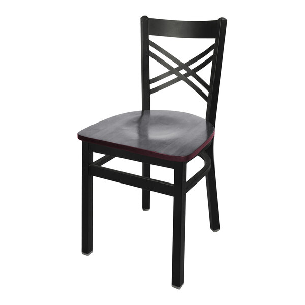 BFM Seating Akrin Sand Black Steel Side Chair with Cross Steel Back and Mahogany Wooden Seat