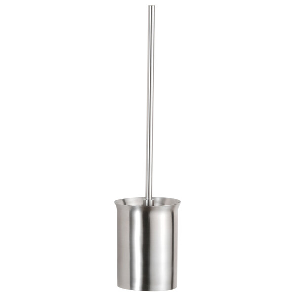 A Bobrick silver stainless steel toilet bowl brush holder with a black handle.