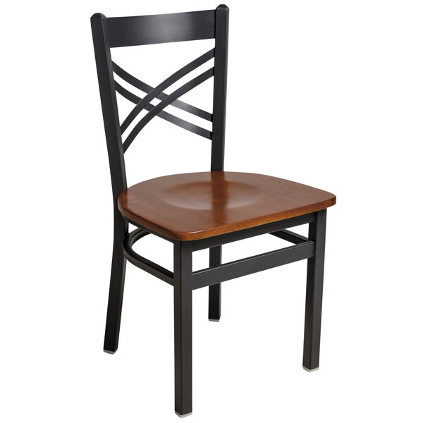 BFM Seating 2130CCHW-SB Akrin Sand Black Steel Side Chair with Cross Steel Back and Cherry Wooden Seat