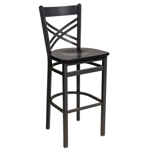 BFM Seating Akrin Sand Black Steel Bar Height Chair with Cross Steel Back and Black Wooden Seat