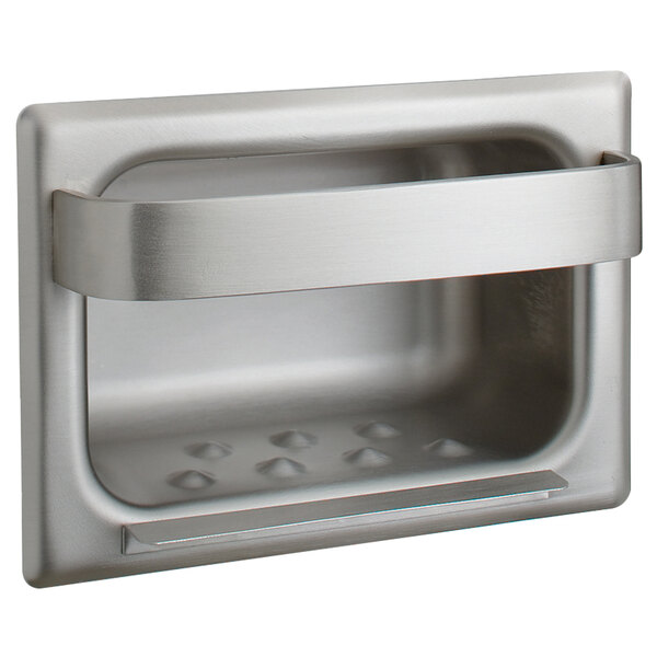 A stainless steel recessed soap dish by Bobrick.