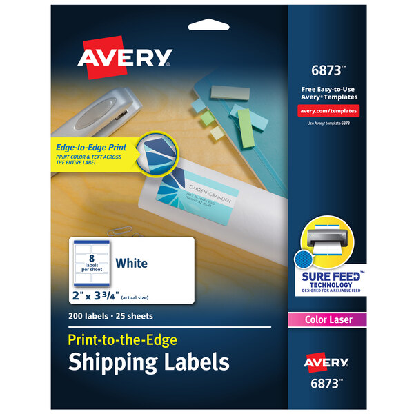 A package of Avery white print-to-the-edge shipping labels.