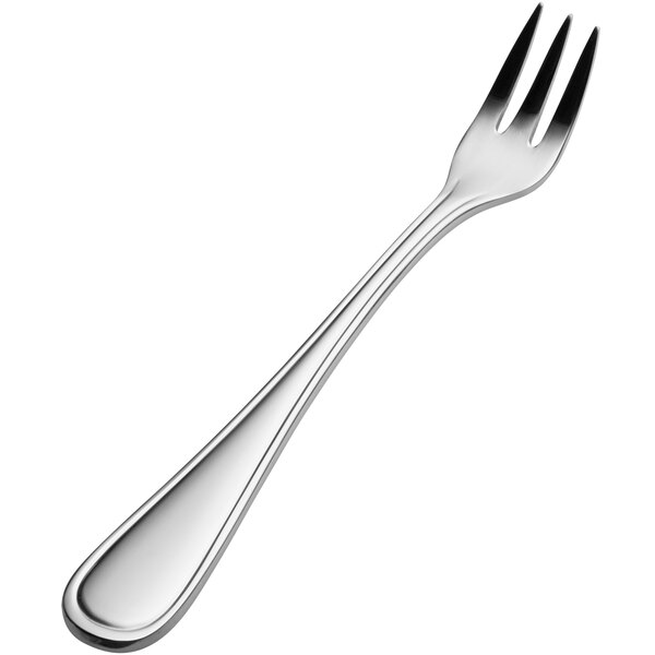 A close-up of a Bon Chef stainless steel cocktail fork with a silver handle.