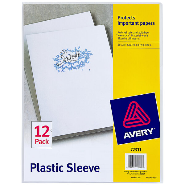 A package of 12 Avery clear plastic document sleeves with white paper inside.