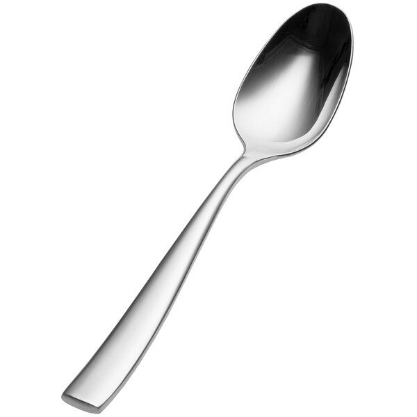 A close-up of a Bon Chef stainless steel soup/dessert spoon with a silver handle.