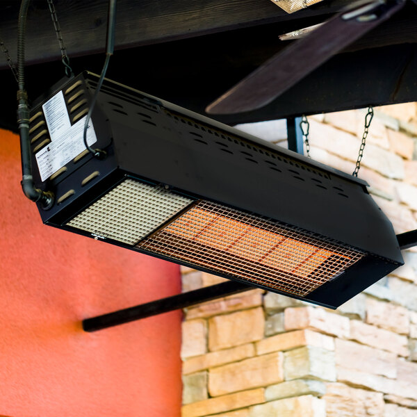 A Schwank black liquid propane patio heater hanging from a ceiling.
