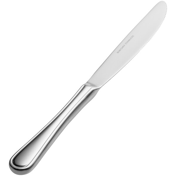 A Bon Chef stainless steel European dinner knife with a silver handle.