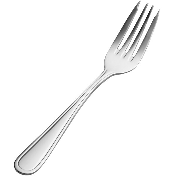 A close-up of a Bon Chef Tuscany stainless steel salad/dessert fork with a silver handle.
