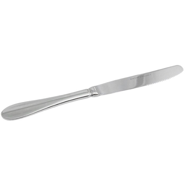 A silver dinner knife with a solid handle.