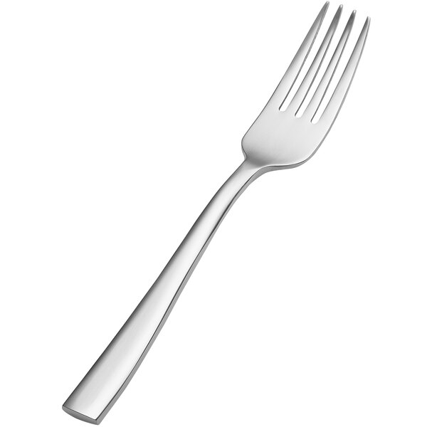 A close-up of a Bon Chef Manhattan stainless steel salad/dessert fork with a silver handle.