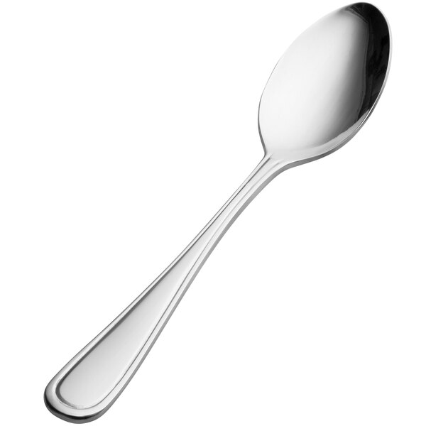 A Bon Chef stainless steel soup/dessert spoon with a silver handle.