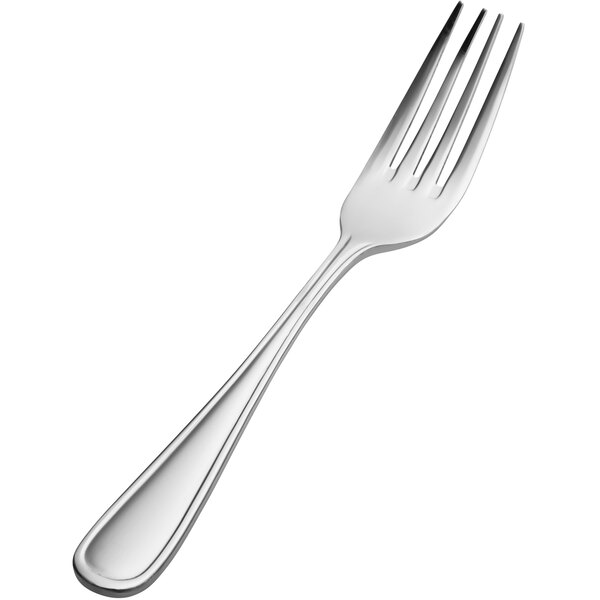 A close-up of a Bon Chef Tuscany stainless steel dinner fork with a silver handle.
